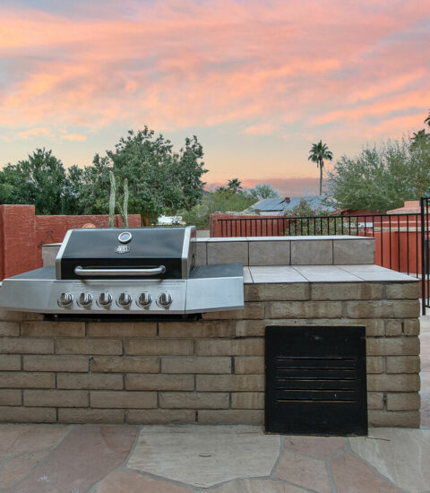 Gas grill for cooking outdoors.