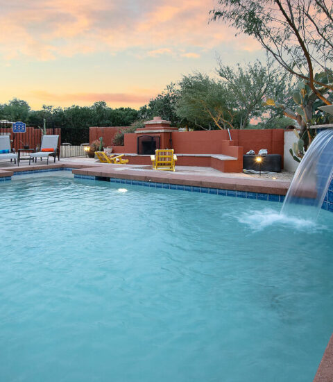 Heated pool with waterfall for year round use. (Fees may apply)